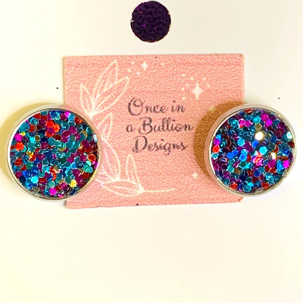 Mardi Gras Inspired faux leather glitter studs with stainless post